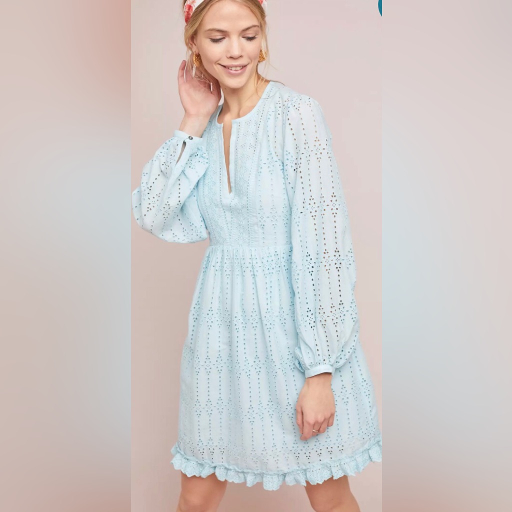 Anthropologie Light Blue Eyelet Babydoll Dress Long Sleeve